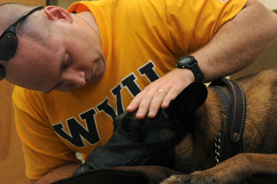 Staff Sgt. Casey Bennett, 5th Security Forces K-9 handler, Minot Air Force base, N.D., comforts Tech. Sgt. Arno, 5th SFS explosive ordinance detector K-9 from Minot AFB Sept. 28, 2011, on Grand Forks Air Force base, N.D.  Sergeant Bennett has been the handler of Arno for the past two years. (U.S. Air Force photo by Senior Airman Amber E. Bennett)