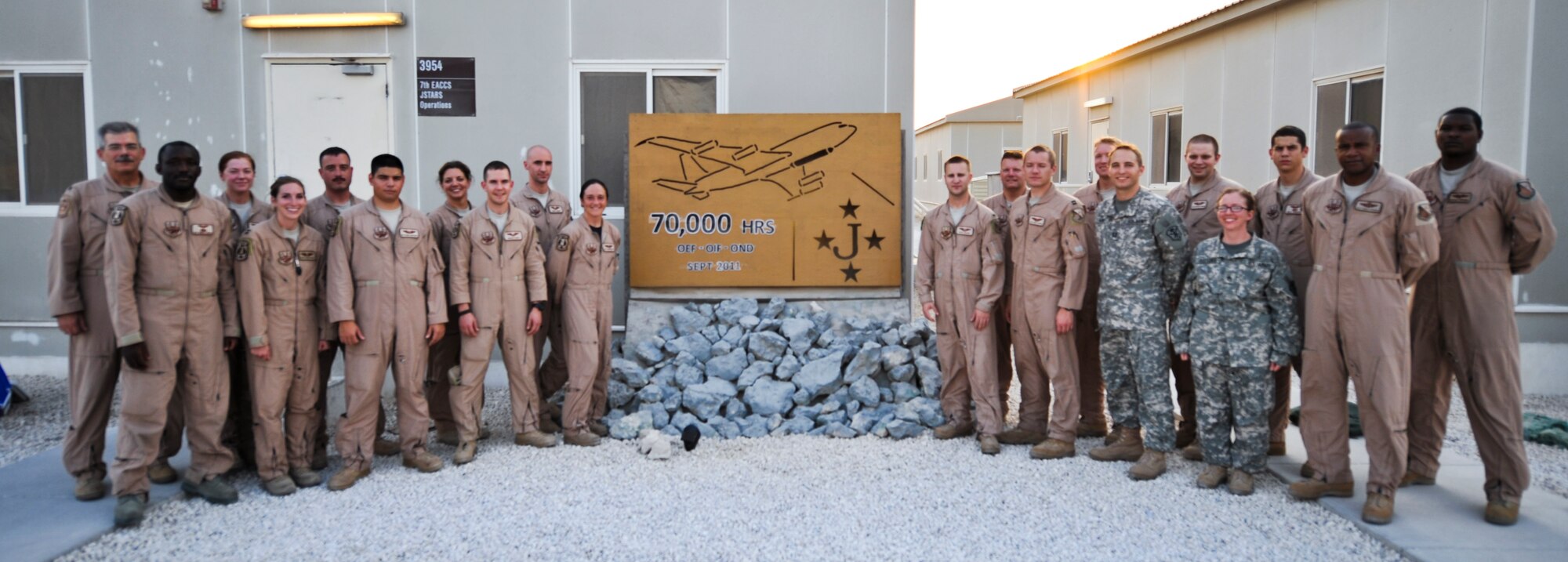 A 7th Expeditionary Airborne Command and Control Squadron flight crew pose after completing a mission, Sept. 25, 2011, that marked 70,000 flight hours in the U.S. Central Command Area of Responsibility for the 116th Air Control Wing, Robins AFB, Ga., in the E-8C Joint Surveillance Target Attack Radar System, or Joint STARS.  The wing has flown an average of 19 hours each day since Sept. 11, 2001, or the equivalent of being airborne for eight years.  (U.S. Air Force photo/Senior Airman Paul Labbe)