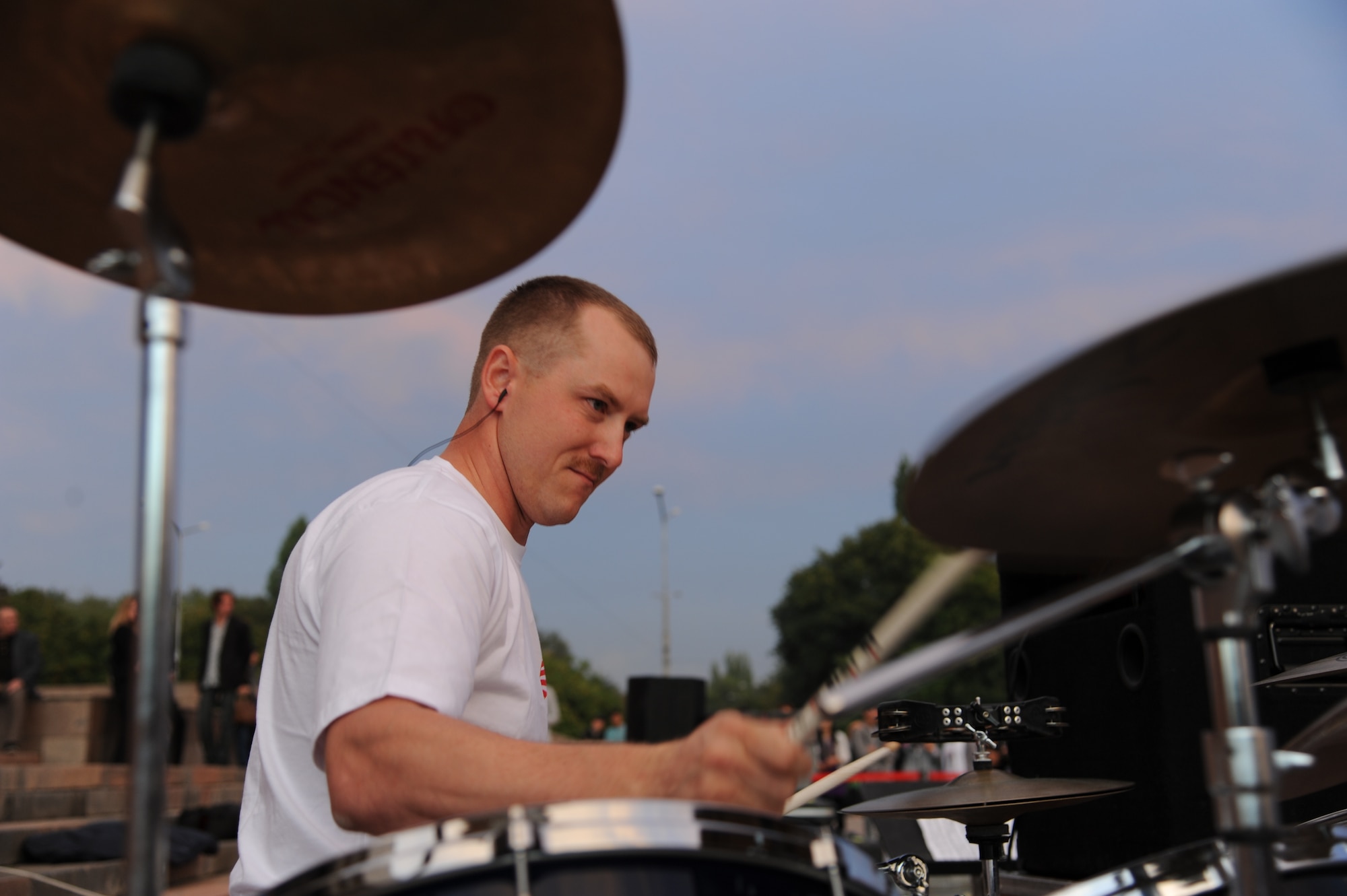 Staff Sgt. BJ Richard lays the drums during a “Top Cover” performance at A’la Too Square in Bishkek, Kyrgyzstan, Sept. 23. The first stop on the U.S. Air Forces Central Command band Top Cover’s tour of seven countries was the Kyrgyz Republic where they played two shows at the Transit Center at Manas and six concerts at various locations off the installation. Richard is a percussionist deployed from Joint Base Elmendorf-Richardson, Alaska. He is a native of Coshocton, Ohio. (U.S. Air Force photo/Tech. Sgt. Hank Hoegen)