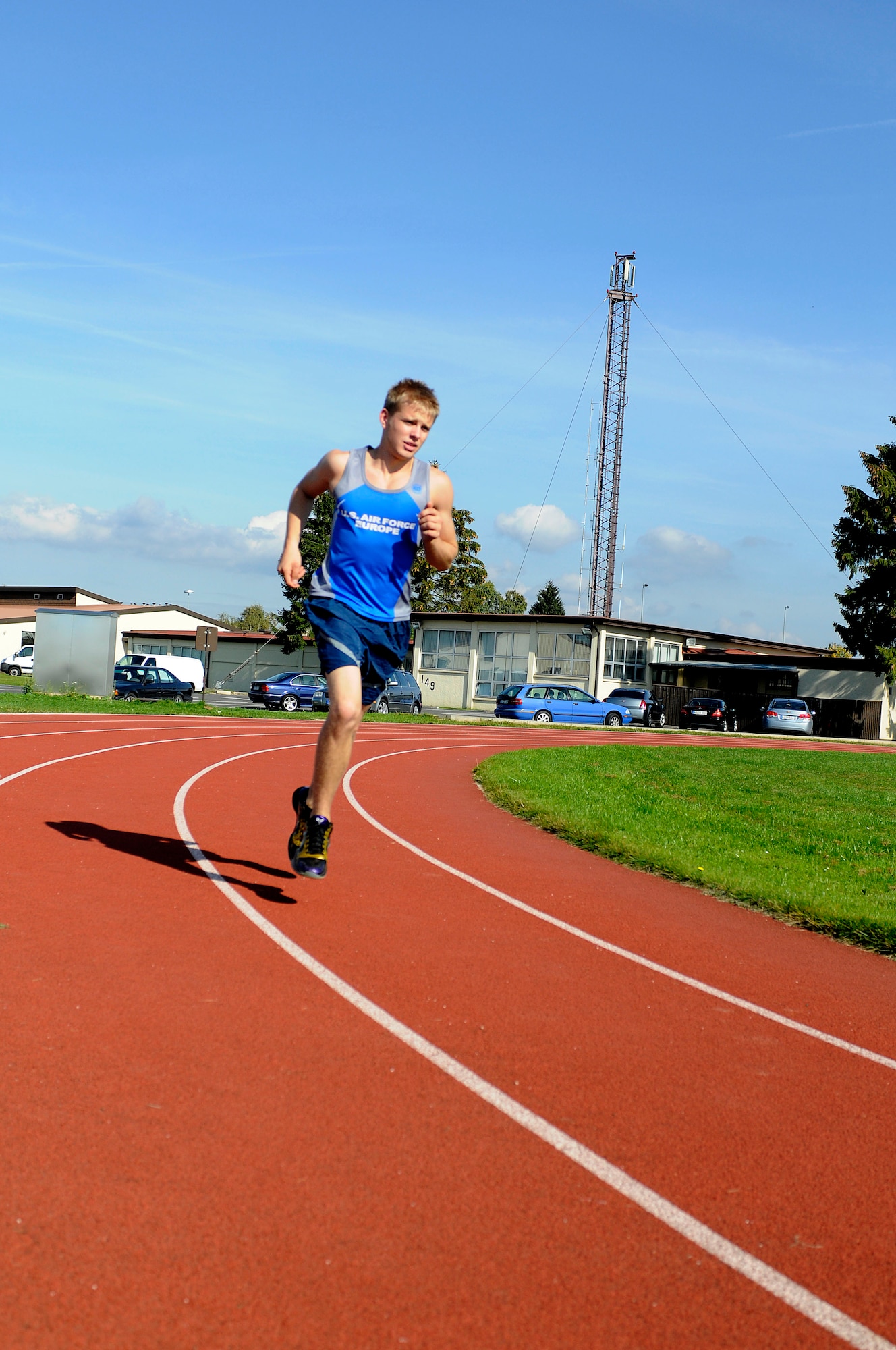 SPANGDAHLEM AIR BASE, Germany -- Airman 1st Class Ryan Jelstrom, 480th Fighter Squadron flight equipment maintainer, runs as part of his marathon training Sept. 27 on the track at the Skelton Memorial Fitness Center.  Jelstrom recently became a member of the U.S. Air Forces in Europe running team and ran with them in the U.S. Air Force Marathon’s half marathon.  He placed 59 out of approximately 6,600 racers with a time of 01:28:00. (U. S. Air Force photo/Senior Airman Natasha Stannard)