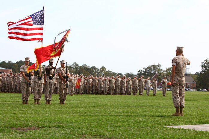 The colors are presented during the 24th Marine Expeditionary Unit's activation ceremony at Camp Lejeune's W.P.T. Hill Field, Sept. 29. The ceremony was held to officially composite the 24th MEU with its subordinate units: Marine Medium Tiltrotor Squadron 261, Battalion Landing Team 1st Battalion, 2nd Marine Regiment, and Combat Logistics Battalion 24. Col. Frank Donovan, the commanding officer of the 24th MEU, took the opportunity to address the Marines and sailors of his command and their families.