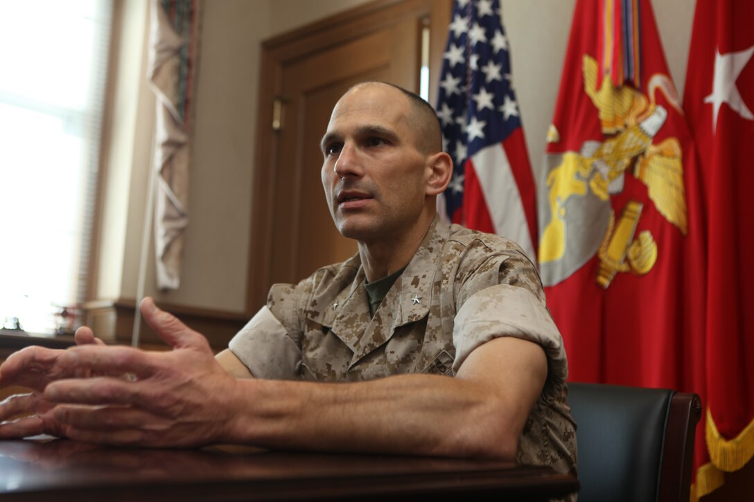 Brig. General Thomas A. Gorry, commanding general, Marine Corps Installations East provides his personal outlook during an interview held in his office at Building 1 aboard Marine Corps Base Camp Lejeune. Gorry assumed command of MCIEAST in July of this year.