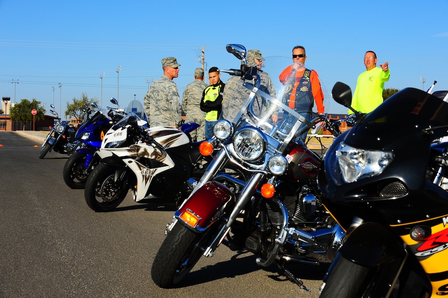 Dyess airmen meet in the base exchange parking lot to participate in a motorcycle safety course, Sept. 30, 2011, at Dyess Air Force Base, Texas.  The course is set up and sponsored by the Green Knights Motorcycle Club to help riders increase motorcycle safety and technique on their personal bikes. (U.S. Air Force photo by Airman 1st Class Peter Thompson/Released)