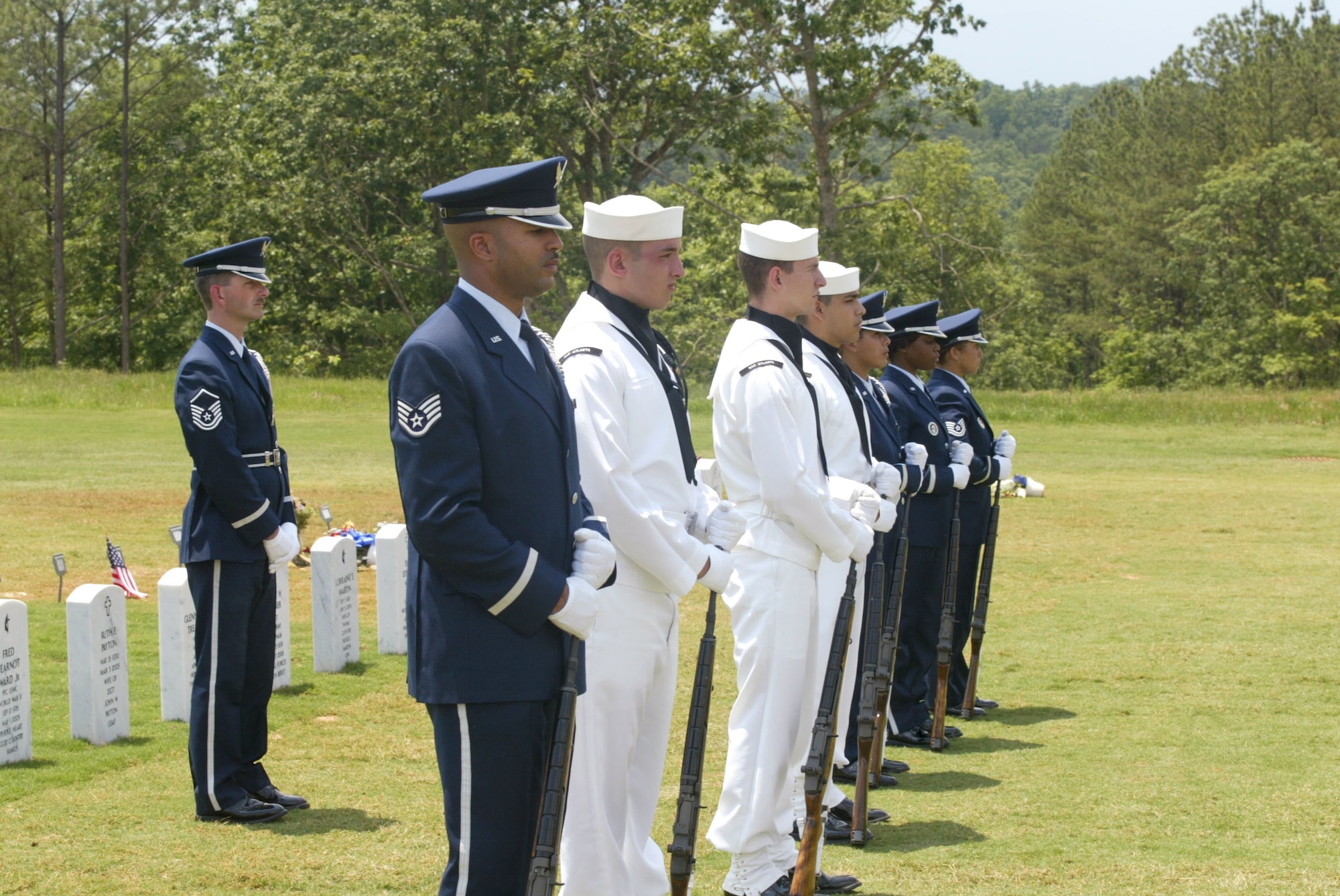 Master Sgt. Bruce See (far left), Honor Guard Superintendant at Dobbins ARB and ceremonial guardsman, participates in an honor guard ceremony. Sgt. See is retiring after 20 years of service in the United States Air Force.  From 2005 to 2011, Sgt. See held the title of Honor Guard Superintendant. (U.S. Air Force photo/ Don Peek)