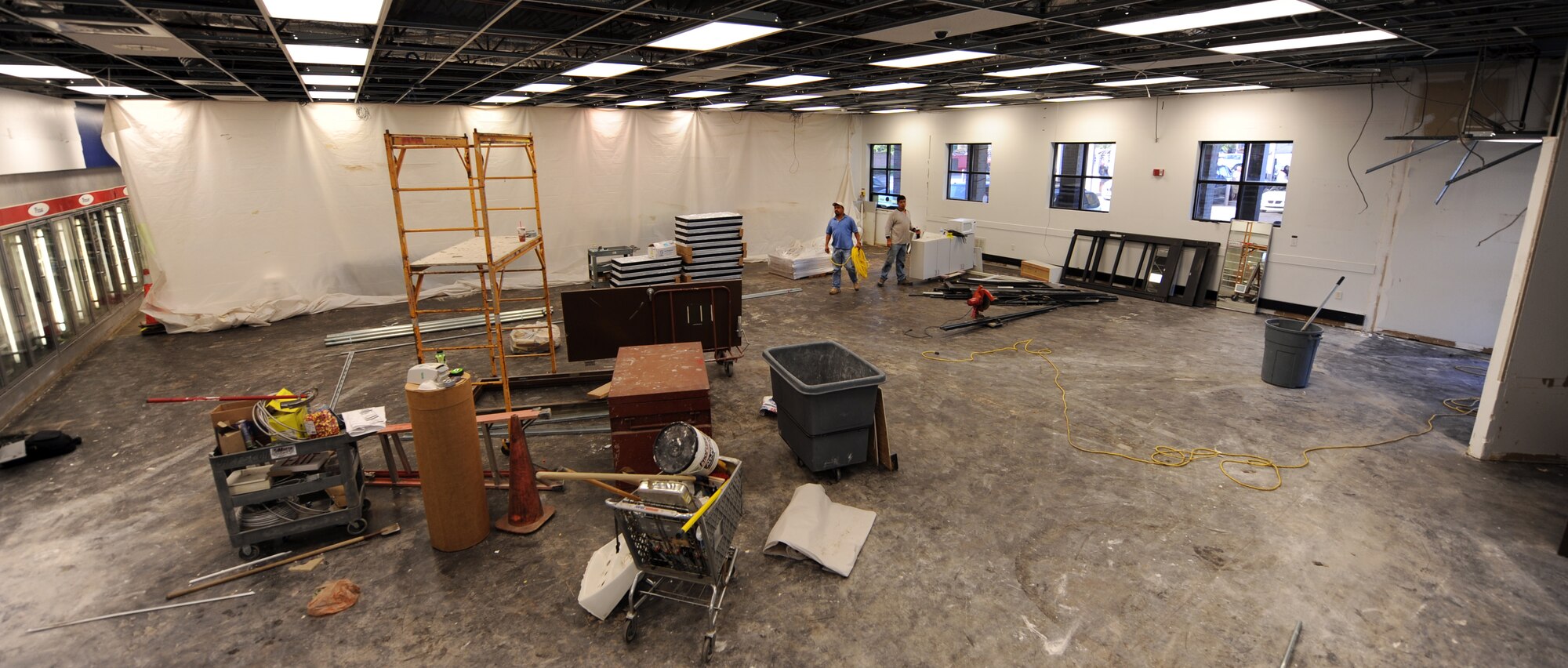 Contractors work on the renovations at the Army and Air Force Exchange Service shoppette here, Sept. 29, 2011. The end results, according to AAFES, will handle the growing population of Shaw, and provide faster service and a greater capacity for goods.  (U.S. Air Force photo by Airman 1st Class Neil D. Warner/Released)