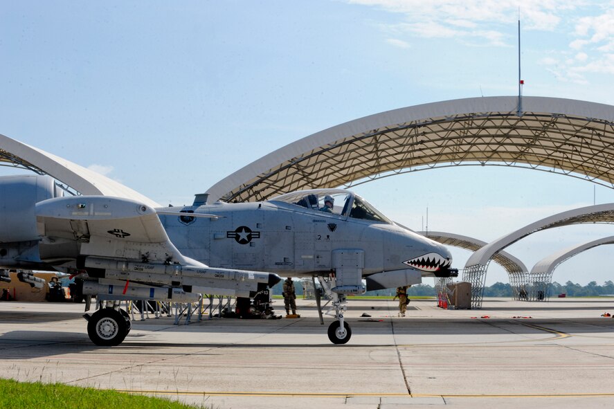 An A-10C Thunderbolt II makes its way to a hangar during a phase II operational readiness exercise at Moody Air Force Base, Ga., Sept. 29, 2011. The exercise was conducted to prepare the base for an operational readiness inspection scheduled for next year. (U.S. Air Force photo by Staff Sgt. Joshua J. Garcia/Released)