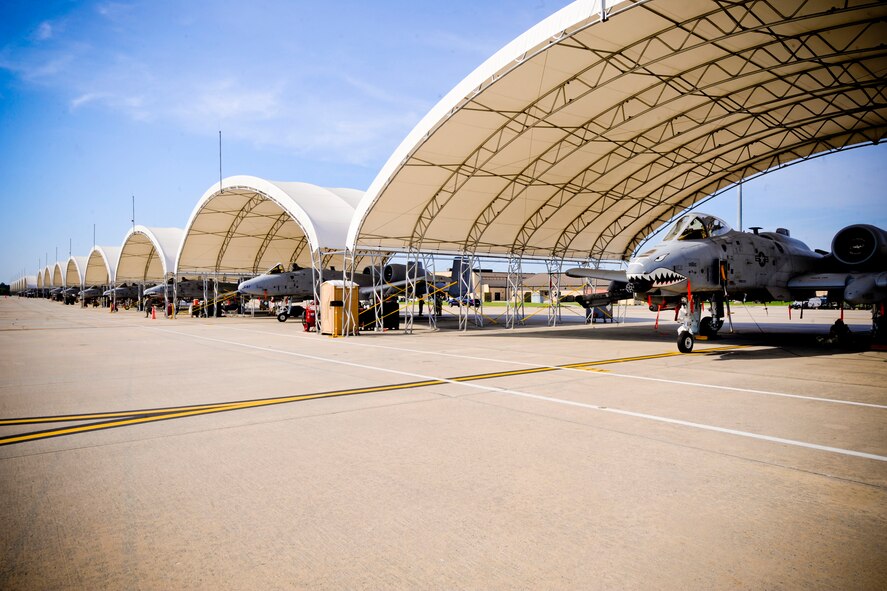 A fleet of A-10C Thunderbolt IIs assigned to the 23rd Wing stand by during a phase II operational readiness exercise at Moody Air Force Base, Ga., Sept. 28, 2011. OREs are designed to test the base’s ability to conduct missions while deployed. The maintenance units prepared and generated A-10s daily. (U.S. Air Force photo by Staff Sgt. Joshua J. Garcia/Released)