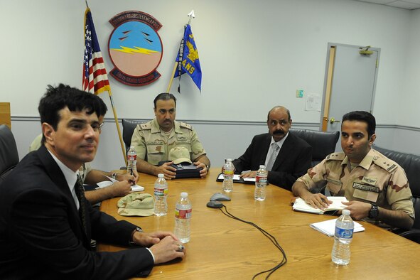 Royal Saudi Air Force Lt. Col. Turki Bin Abdullah Bin Abdulaziz Al Saud, center, 92nd Fighter Squadron commander, and staff listen to a briefing about the Utah Test and Training Range during a site survey trip to Hill Air Force Base Sept. 27. From left, Richard Basak, Air Combat Command Range Operations Branch; Maj. Al Mohaimeed Ziyad Abdulaziz, headquarters RSAF electronic warfare directorate officer; Al Deraan Abrahim d b, RSAF range officer, and 2nd Lt. Al Furaih Mohammad Homoud, RSAF range committee officer. (U.S. Air Force photo by Alex Lloyd)
