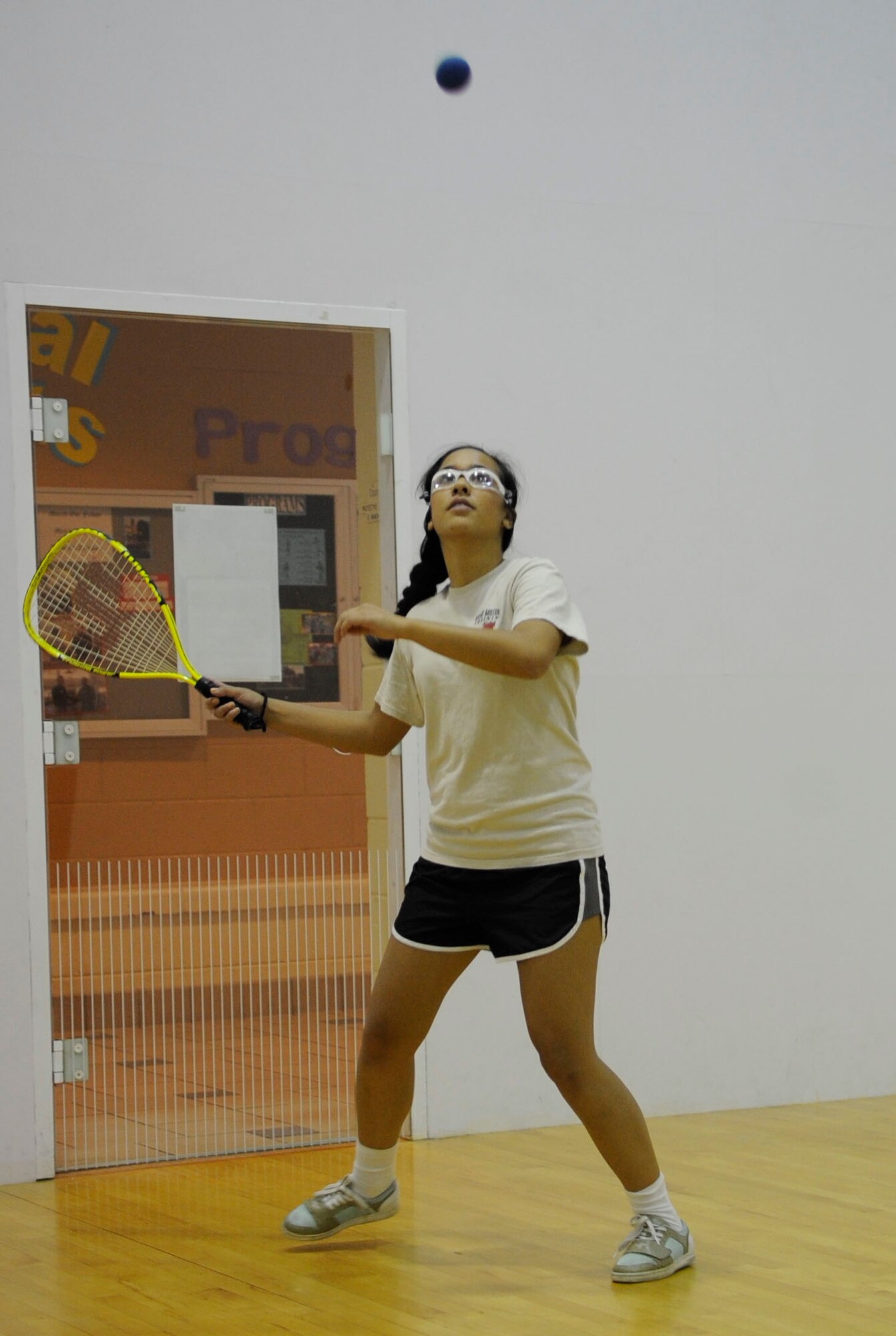 Airman 1st Class Ja'Aria Manibusan, 2nd Logistics Readiness Squadron flight service center, prepares to hit the ball while playing racquetball at the Barksdale Fitness Center Sept. 28 on Barksdale Air Force Base, La. As a new Airman, Manibusan is continually discovering activities that Barksdale has to offer. (U.S. Air Force photo/Airman 1st Class Andrea F. Liechti)(RELEASED)