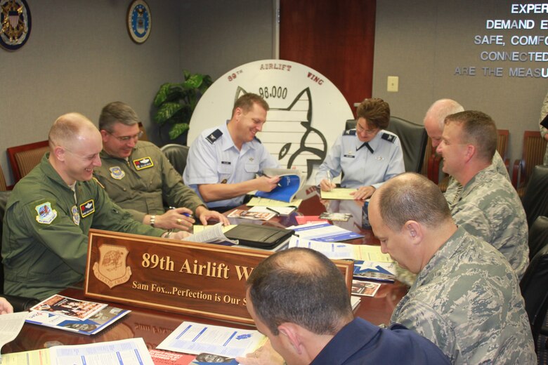 Col. Jacqueline D. Van Ovost 89th Airlift Wing commander, and Col.
Dale S. Holland, 89th Airlift Wing vice commander, along with wing senior
Leaders, sign pledge forms for the 89th Airlift Wing's Combined Federal
Campaign kickoff ceremony Sept 28.
