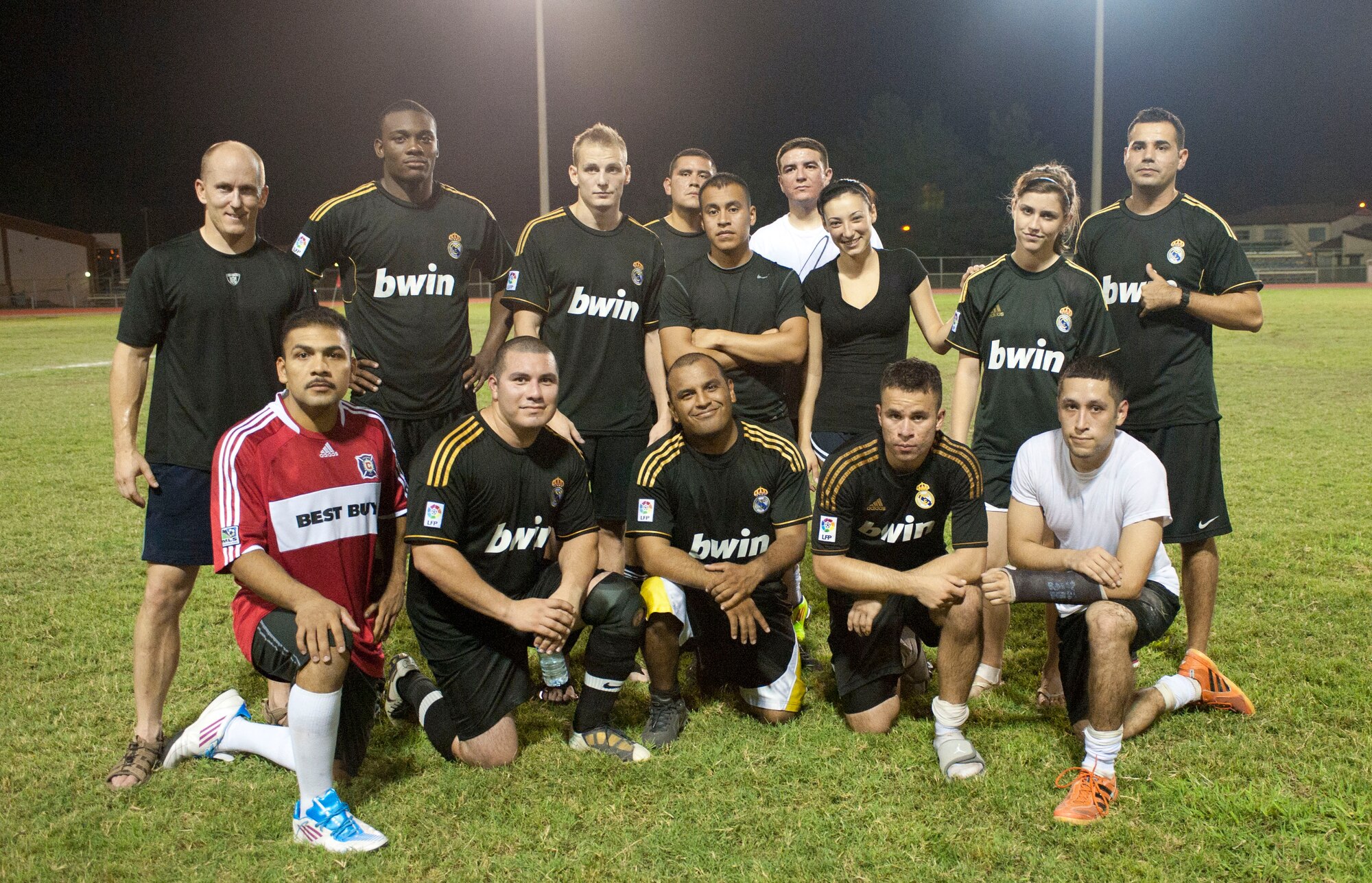 The 39th Security Forces Squadron soccer team poses after the intramural soccer championship game Sept. 29, 2011, at Incirlik Air Base, Turkey. The 728th Air Mobility Squadron won against the 39th SFS 3-1. (U.S. Air Force photo by Senior Airman Clayton Lenhardt/Released)