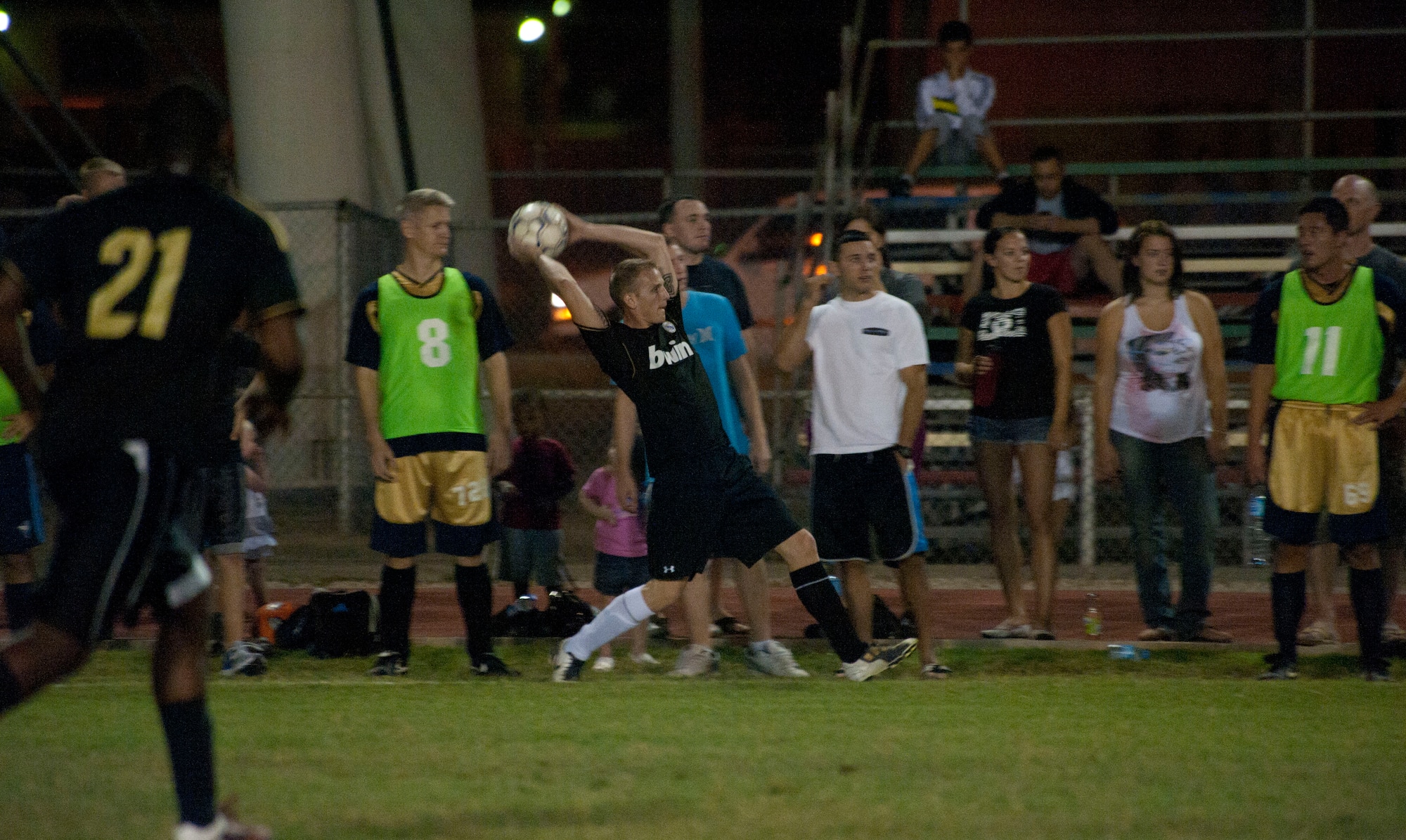 Isaiah Combs, 39th Security Forces Squadron, throws the ball in during the intramural soccer championship game Sept. 29, 2011, at Incirlik Air Base, Turkey. The 728th Air Mobility Squadron won against the 39th SFS 3-1. (U.S. Air Force photo by Senior Airman Clayton Lenhardt/Released)