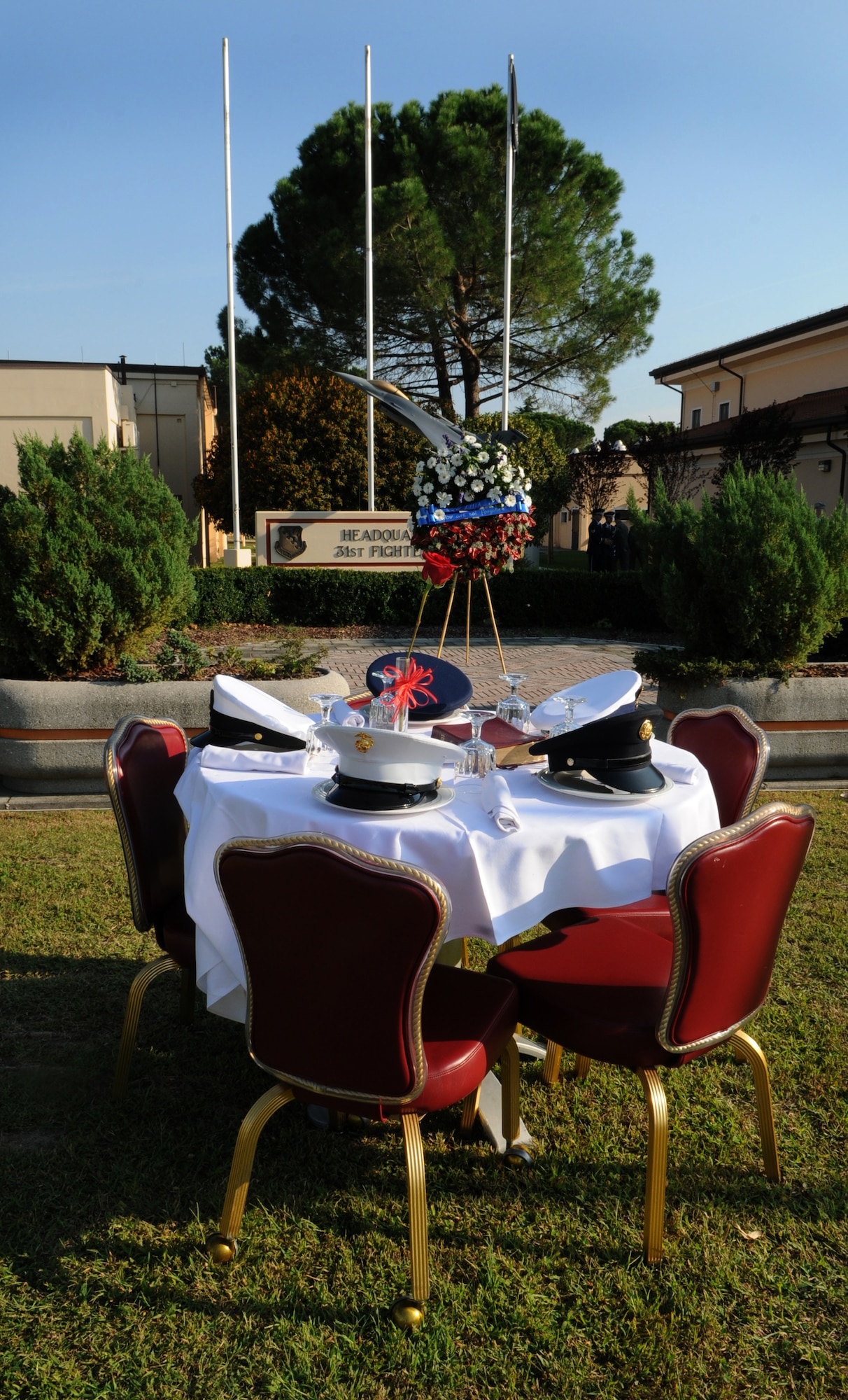 The POW/MIA Week commemoration ceremony at the 31st Fighter Wing Headquarters Sept. 29 features a table in honor of the prisoners of war and those missing in action. (U.S. Air Force photo/Staff Sgt. Julius Delos Reyes)