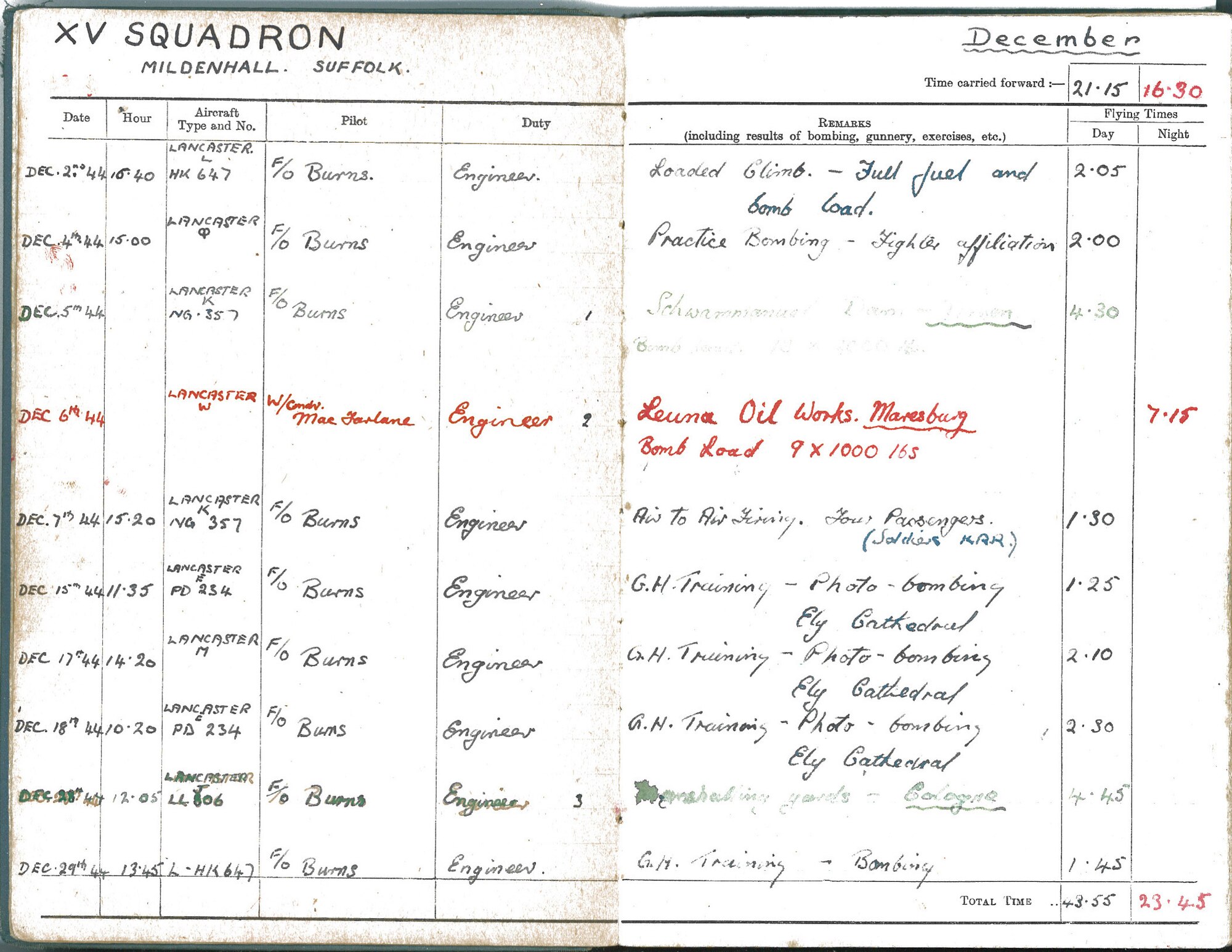 RAF MILDENHALL, England -- Pages from an original flying log book from the 1940s, owned by flight engineer and second pilot, Stan Franks, formerly of 15 Squadron, RAF Mildenhall, provide a historical record of flying missions from the 1940s. The log book was a record of flying information including date, type of aircraft, pilot, flying hours and details of the mission. Franks returned to RAF Mildenhall -- for the first time in 66 years -- Sept. 14, 2011, when he visited the base with Jim Gooding, a former rear gunner, who was also stationed here in 1945. (Courtesy photo)