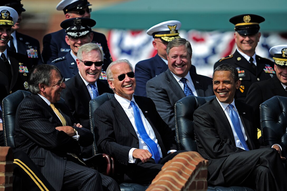 President Barack Obama, Vice President Joe Biden and Defense Secretary Leon Panetta react to chairman of the Joint Chiefs of Staff Adm. Mike Mullen's remarks during the Chairman of the Joint Chiefs of Staff change of responsibility ceremony at Summerall Field, Joint Base Myer-Henderson Hall, Va., Sept. 30, 2011. Mullen was succeeded by Army Gen. Martin E. Dempsey, the18th chairman of the Joint Chiefs of Staff, during the ceremony. 