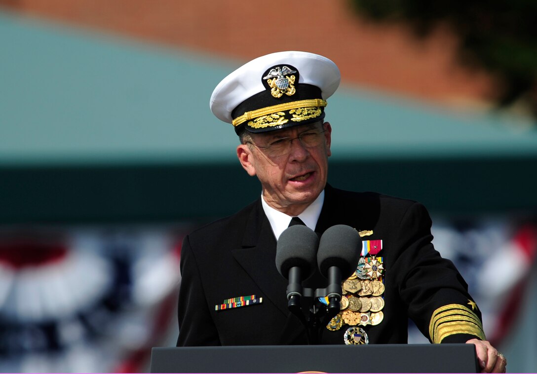 Navy Adm. Mike Mullen, outgoing chairman of the Joint Chiefs of Staff, delivers remarks during the change of responsibility ceremony on Joint Base Myer-Henderson Hall, Va., Sept. 30, 2011. Army Gen. Martin E. Dempsey became the 18th chairman of the Joint Chiefs of Staff during the ceremony, succeeding Mullen who retired after 43 years of military service. 
