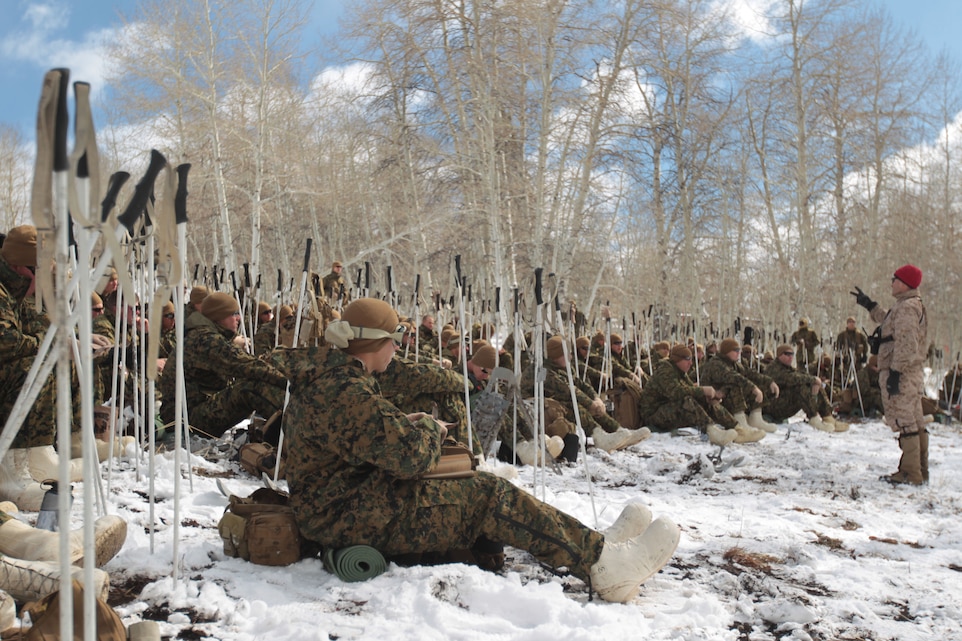 Headquarters and Services Company, 2nd Battalion, 7th Marine Regiment, Marines take a pre-environmental training class at Marine Corps Mountain Warfare Training Center April 2, 2012. Field classes familiarize the Marines with their new environment.
