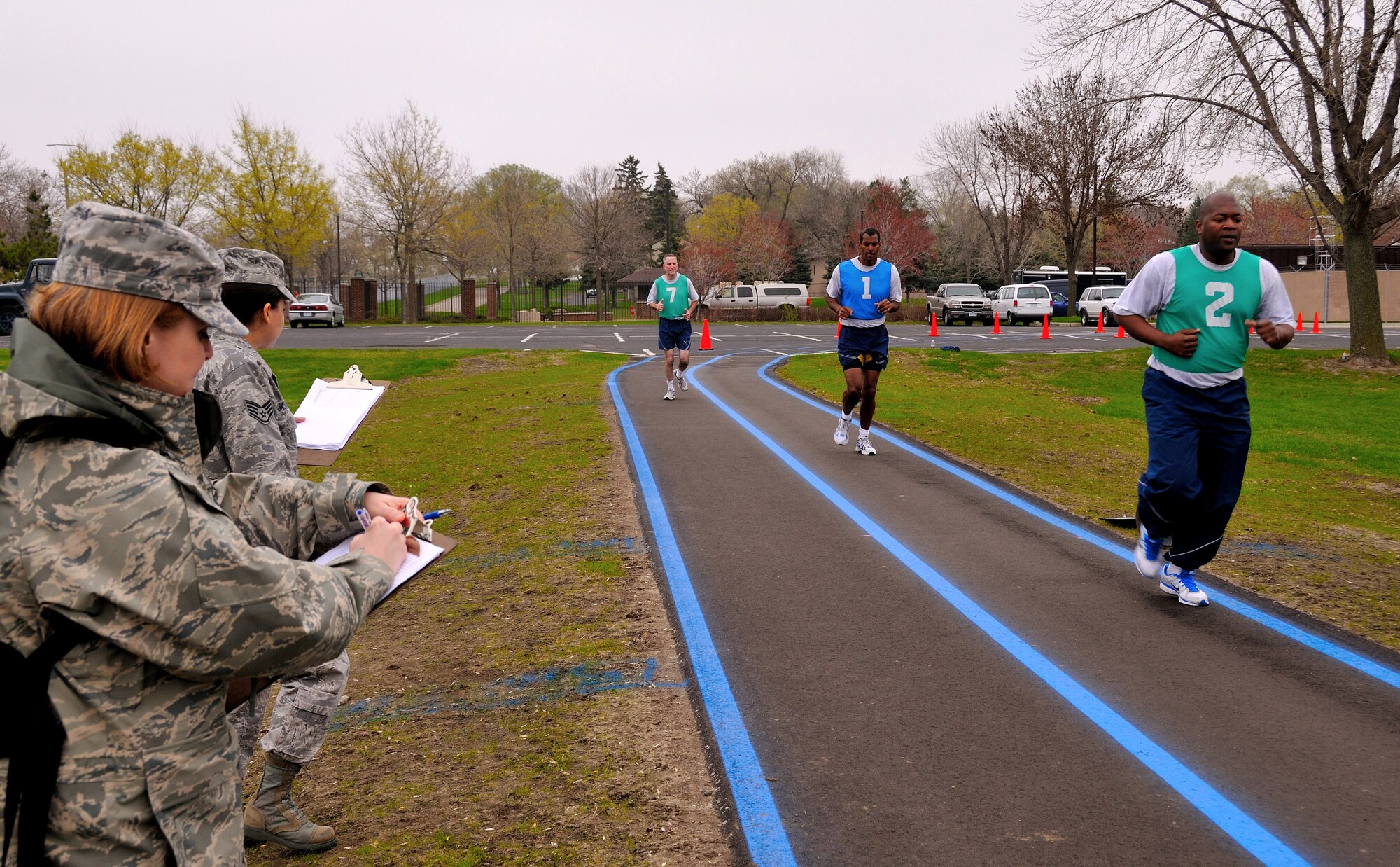The new quarter mile fitness track opened for business, utilized for fitness testing during the April Unit Training Assembly at Minneapolis-St. Paul Air Reserve Station, Minn. (U.S. Air Force photo by Tech Sgt. Bob Sommer)