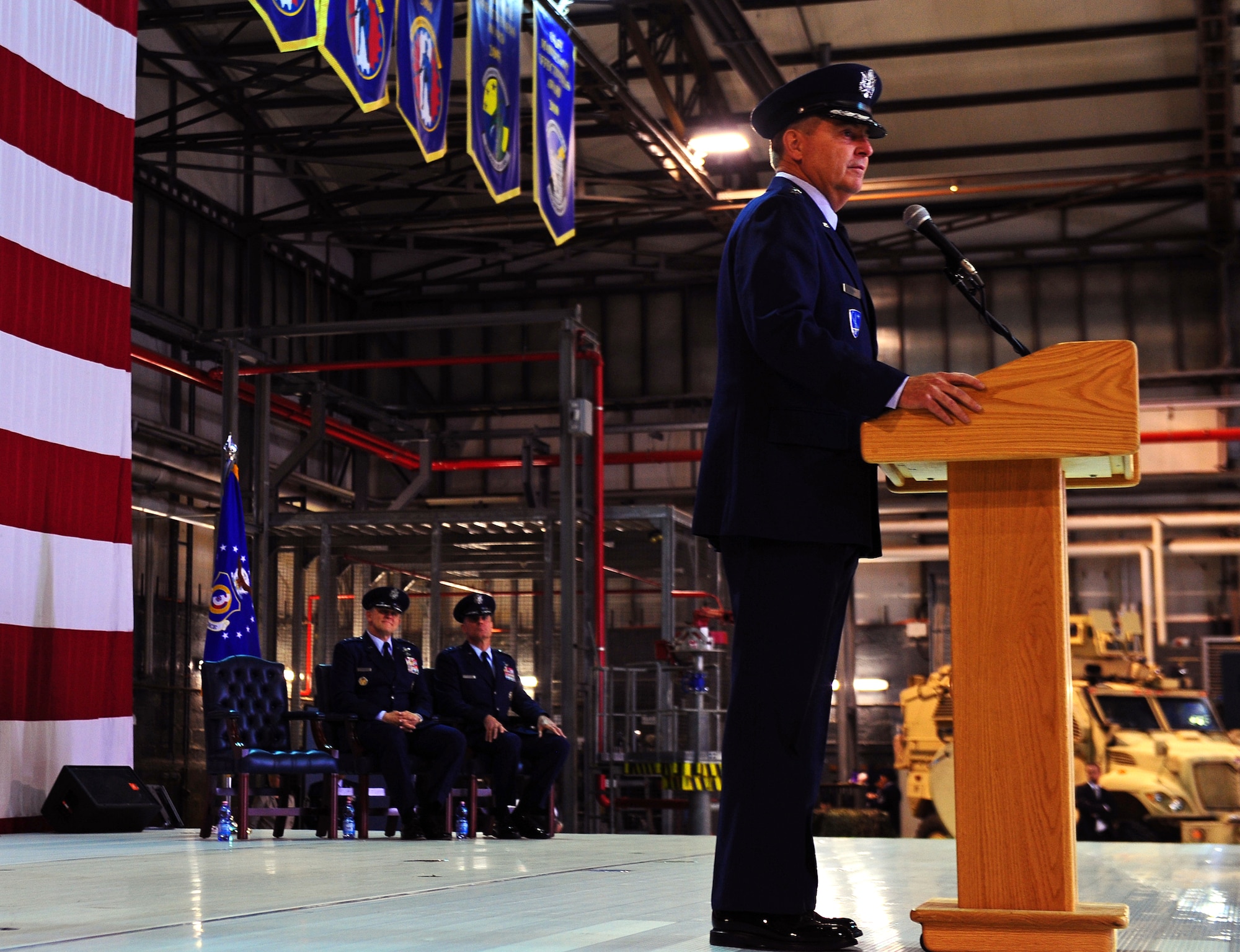 Gen. Mark A. Welsh III, United States Air Forces in Europe commander, addresses the audience during the 3rd Air Force change of command ceremony on Ramstein Air Base, Germany, March 30, 2012. Lt. Gen. Craig Franklin assumed command from Lt. Gen. Frank Gorenc. (U.S. Air Force photo/Airman Brea Miller)