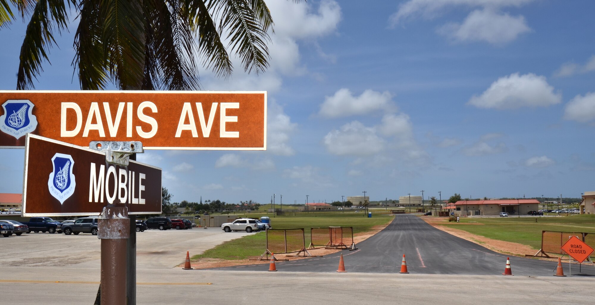 Freshly paved and painted, the road easing post office traffic and providing direct access to the softball field is scheduled to be open for use April 2. The $300,000 project is a continuation of Mobile Avenue and now spans from 5th Street, across 4th Street and into the softball field parking lot. (U.S. Air Force Photo by Staff Sgt. Alexandre Montes/RELEASED)