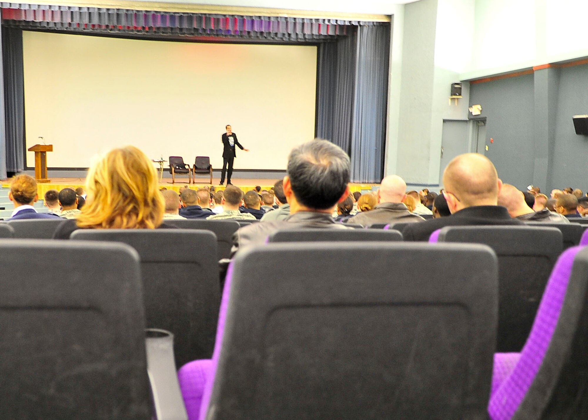 Mike Domitrz talks to Osan Air Base Airmen about sexual assault awareness through skits and comedy March 26, 2012. Domitrz hosts the interactive program called “Can I Kiss You,” designed to show people how to do the right thing when it comes to dating, marriage or even stepping in to prevent sexual assaults from occurring. He has been talking to service members around the world for nearly a decade. (U.S. Air Force photo/Senior Airman Adam Grant)