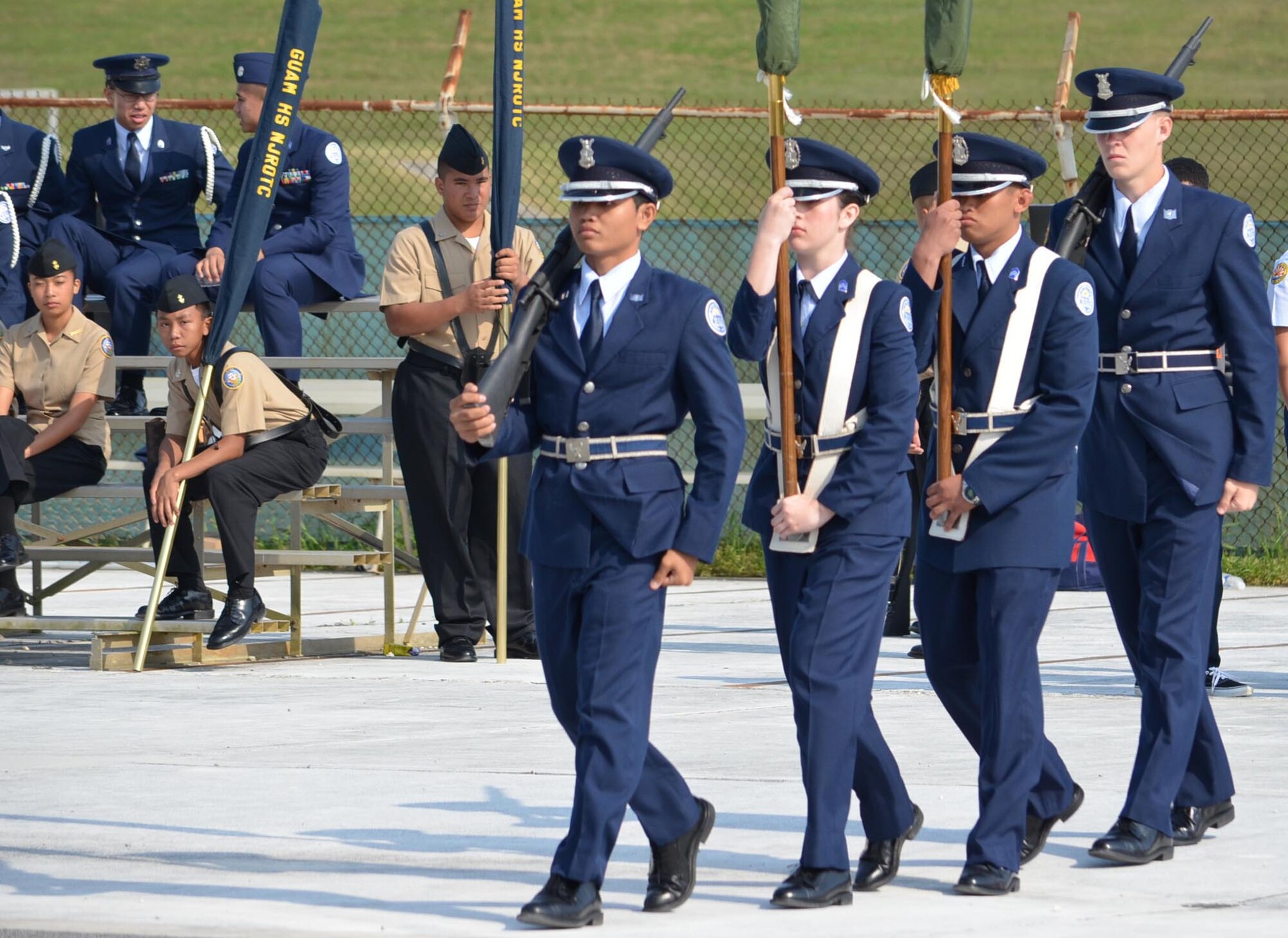 A U.S. Air Force Junior Reserve Officer Training Corps cadet color guard team from Kadena High School, Japan, performs during the 2012 Department of Defense Education Activity Far East JROTC drill competition for high schools in the Pacific at Kadena Air Base, Japan, March 27-28, 2012. Kubasaki High School on Camp Foster, Japan, was the overall winner of the competition. (Courtesy photo by David J. Weissgerber/Released)