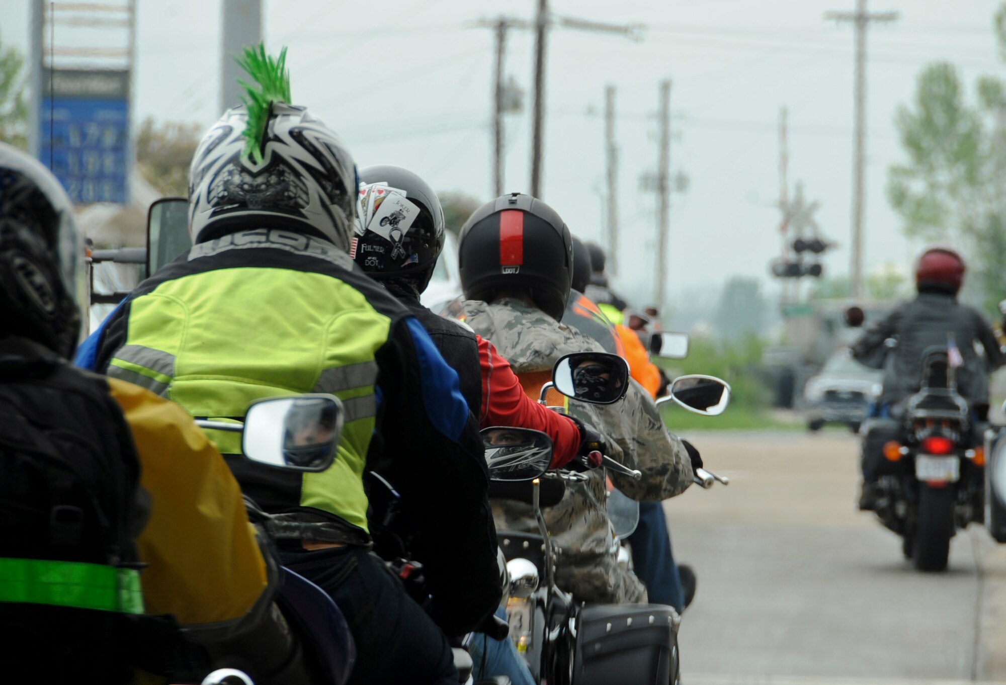 Motorcycle enthusiasts riding in Thunder on the Bayou wait at a stop light in Bossier City, La., March 30. Whether on or off base, all active-duty, guard and reserve Airmen riding a motorcycle must abide by  Air Force Instruction 91-207 U.S. Air Force Traffic Safety Program. (U.S. Air Force photo/Airman 1st Class Micaiah Anthony)(RELEASED)