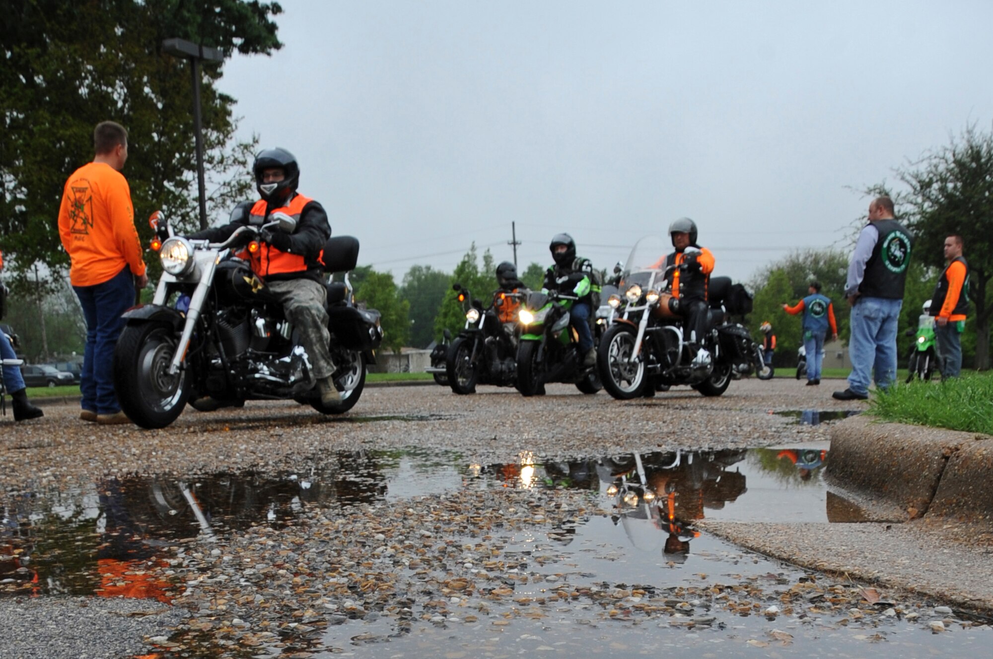 Motorcycle enthusiasts prepare to depart during Thunder on the Bayou on Barksdale Air Force Base, La., March 30. The event promoted Barksdale motorcycle enthusiasts to learn about proper motorcycle safety and personal protective equipment while also encouraging mentorship and camaraderie. (U.S. Air Force photo/Airman 1st Class Micaiah Anthony)(RELEASED)