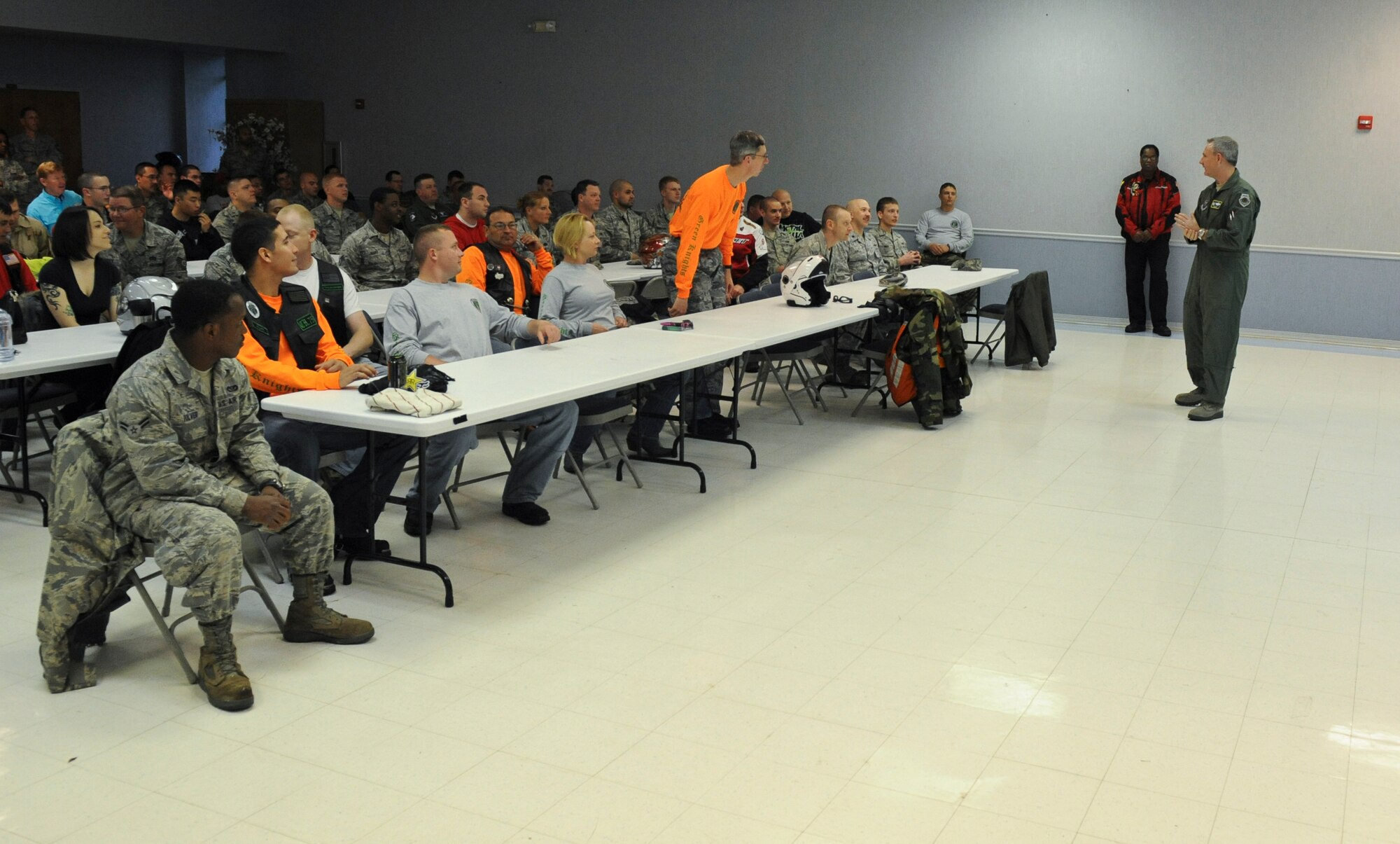 Col. Tim Fay, 2nd Bomb Wing commander, speaks to Team Barksdale members during a safety briefing at Chapel 2 on Barksdale Air Force Base, La., March 30. According to Air Force Instruction 91-207 U.S. Air Force Traffic Safety Program, safety briefings must be conducted at the beginning of each motorcycle riding season. (U.S. Air Force photo/Airman 1st Class Micaiah Anthony)(RELEASED)