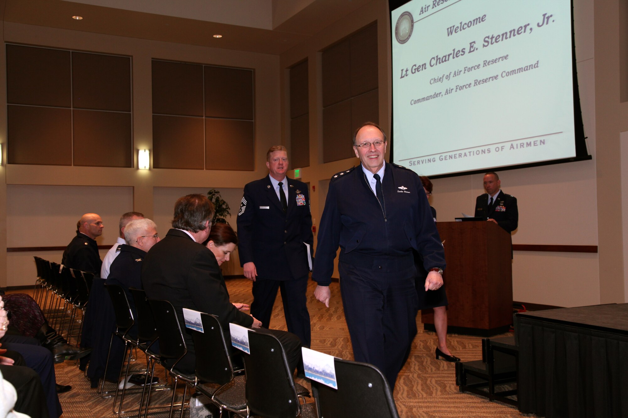 Lt. Gen. Charles E. Stenner Jr., Chief of Air Force Reserve and the Air Force Reserve Command commander, made a visit to the Air Reserve Personnel Center and met with Col. Pat Blassie, ARPC commander, April 2, 2012, on Buckley Air Force Base, Colo. (U.S. Air Force photo/Quinn Jacobson)