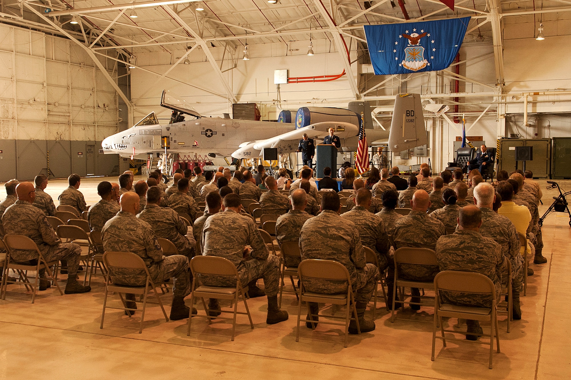 Family, friends and coworkers attend the retirement ceremony for U.S. Air Force Master Sgt. William Murray on Barksdale Air Force Base, La., April 1, 2012. Murray is retiring with more than 30 years of military service, most of which was spent as an Armament Systems Technician on the A-10 Thunderbolt II. (U.S. Air Force photo by Master Sgt. Greg Steele/Released)