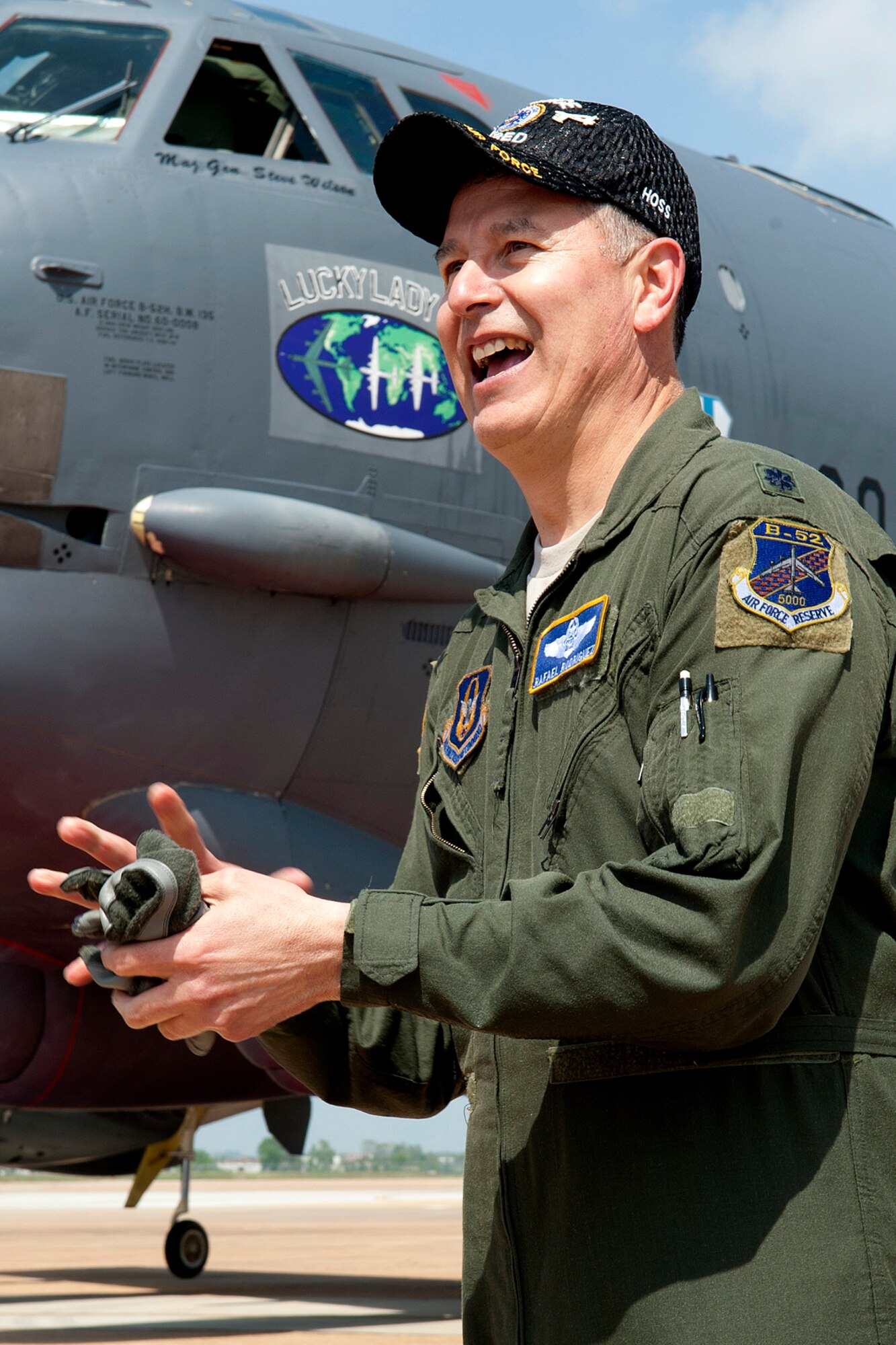 U.S. Air Force Lt. Col. Rafael Rodriguez, 343rd Bomb Squadron navigator, is all smiles after returning from his last flight in a B-52 Stratofortress at Barksdale Air Force Base, La., March 31, 2012. Rodriguez is retiring from the Air Force Reserve and has logged over 5,400 flying hours in the B-52. (U.S. Air Force photo by Master Sgt. Greg Steele/Released)
