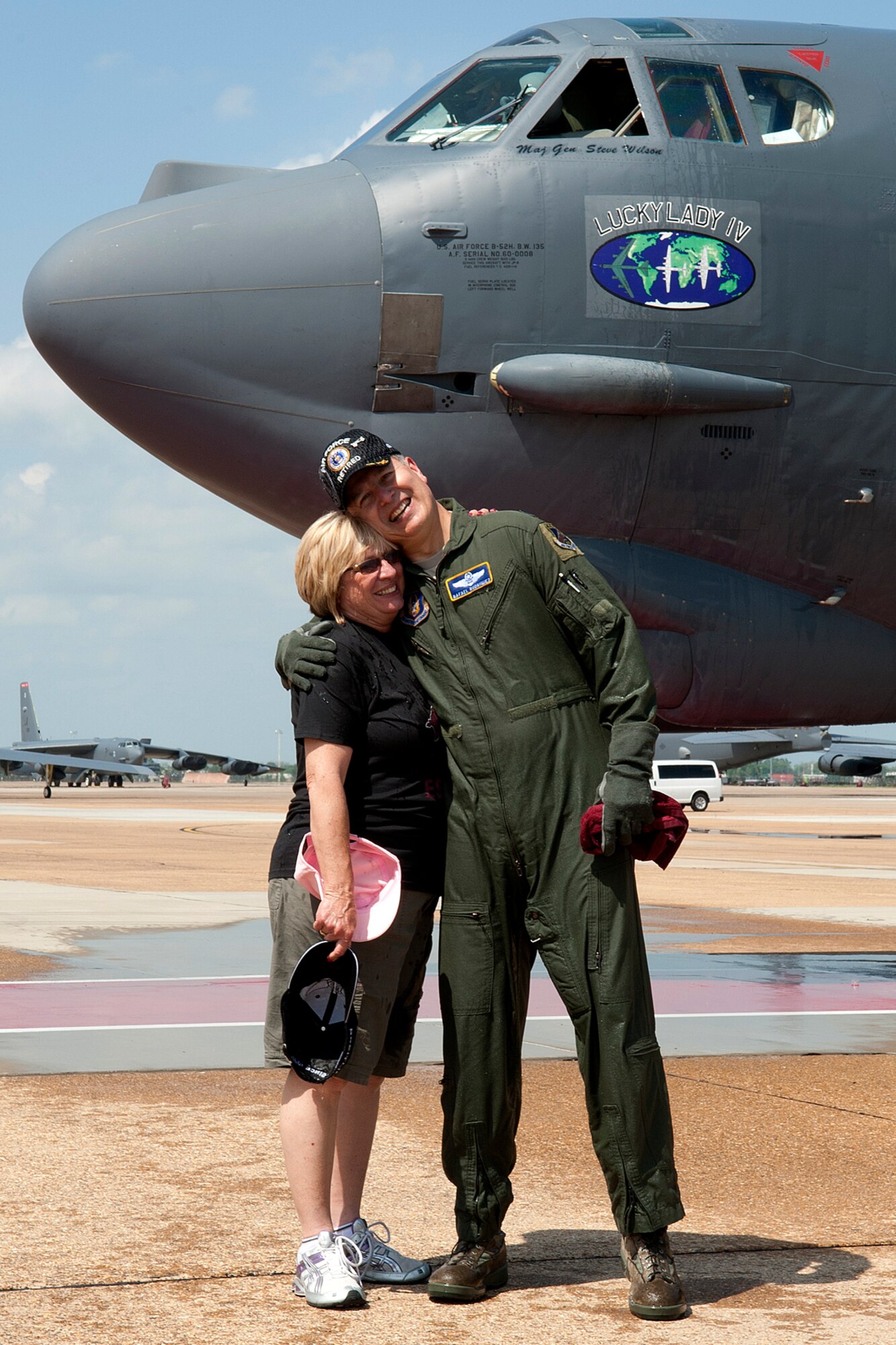 U.S. Air Force Lt. Col. Rafael Rodriguez, 343rd Bomb Squadron navigator, gives his wife Sandy a hug after returning from his last sortie in a B-52 Stratofortress at Barksdale Air Force Base, La., March 31, 2012. Rodriguez is retiring from the Air Force Reserve and has logged over 5,400 flying hours in the B-52. (U.S. Air Force photo by Master Sgt. Greg Steele/Released)