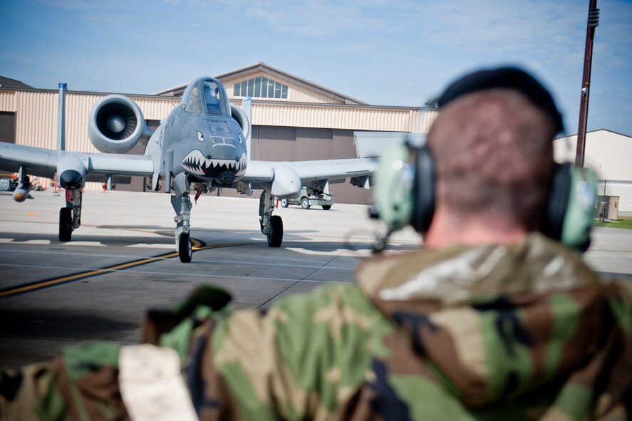 An A-10C Thunderbolt II operated by U.S. Air Force Capt. Adam Ratican, 76th Fighter Squadron, makes its way to a stopping point during a phase II operational readiness inspection at Moody Air Force Base, Ga., March 30, 2012. The ORI tested and evaluated the 23d Wing’s ability to meet wartime and contingency tasks within a deployed location. (U.S. Air Force photo by Staff Sgt. Jamal D. Sutter/Released) 