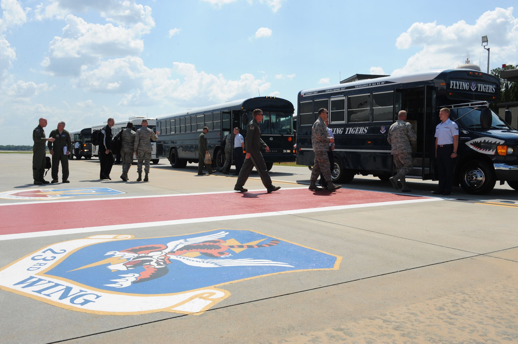 Members of the Air Combat Command inspector general team arrive at Moody Air Force Base, Ga., March 28, 2012. The team visited to evaluate the 23d Wing on its ability to operate and perform in a deployed location. (U.S. Air Force photo by Staff Sgt. Ciara Wymbs/Released)