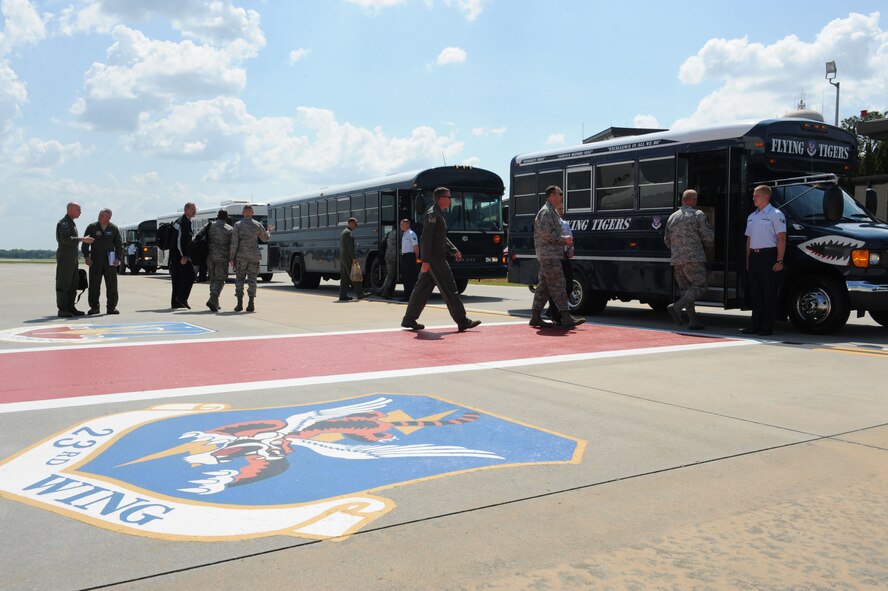 Members of the Air Combat Command inspector general team arrive at Moody Air Force Base, Ga., March 28, 2012. The team visited to evaluate the 23d Wing on its ability to operate and perform in a deployed location. (U.S. Air Force photo by Staff Sgt. Ciara Wymbs/Released)
