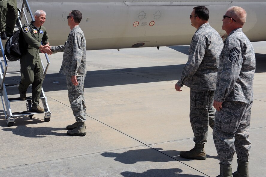 U.S. Air Force Col. David Lujan, Air Combat Command inspector general, is greeted by Col. Billy Thompson, 23d Wing commander, at Moody Air Force Base, Ga., March 28, 2012.  Lujan and the inspection team visited Moody to test and evaluate the 23d WG’s capabilities of operating in a deployed environment. (U.S. Air Force photo by Staff Sgt. Ciara Wymbs/Released)