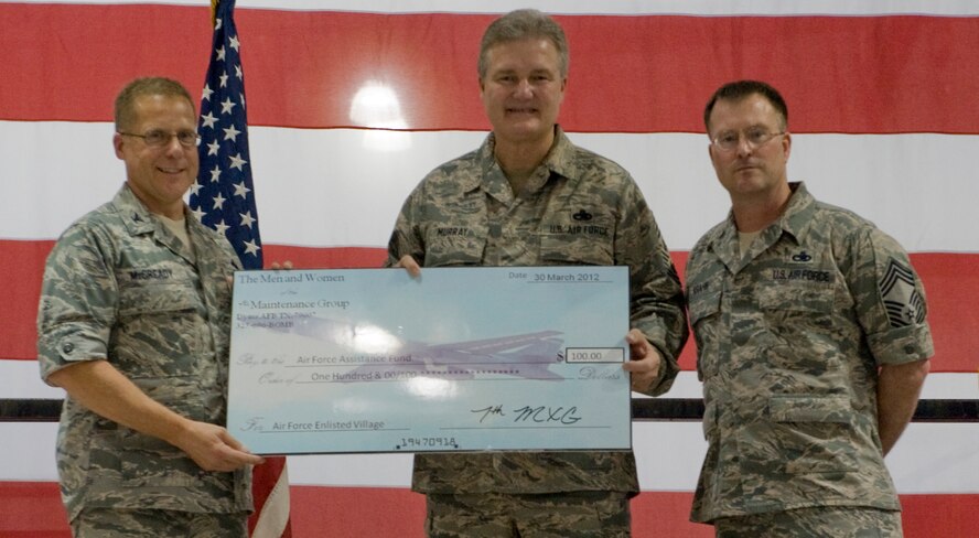 U.S. Air Force Col. Todd McCready, 7th Maintenance Group commander, left, presents a check to retired Chief Master Sgt. of the Air Force Gerald R. Murray, right, worth $100 dollorsfor the Air Force Assistance Fund March 30, 2012, at Dyess Air Force Base Texas. Murray was invited as a guest speaker for the 7th MXG Maintenance Professional of the Year Banquet, he also used his time at Dyess to visit various units on the base and meet Airmen. (U.S. Air Force photo by Airman 1st Class Jonathan Stefanko/ Released)