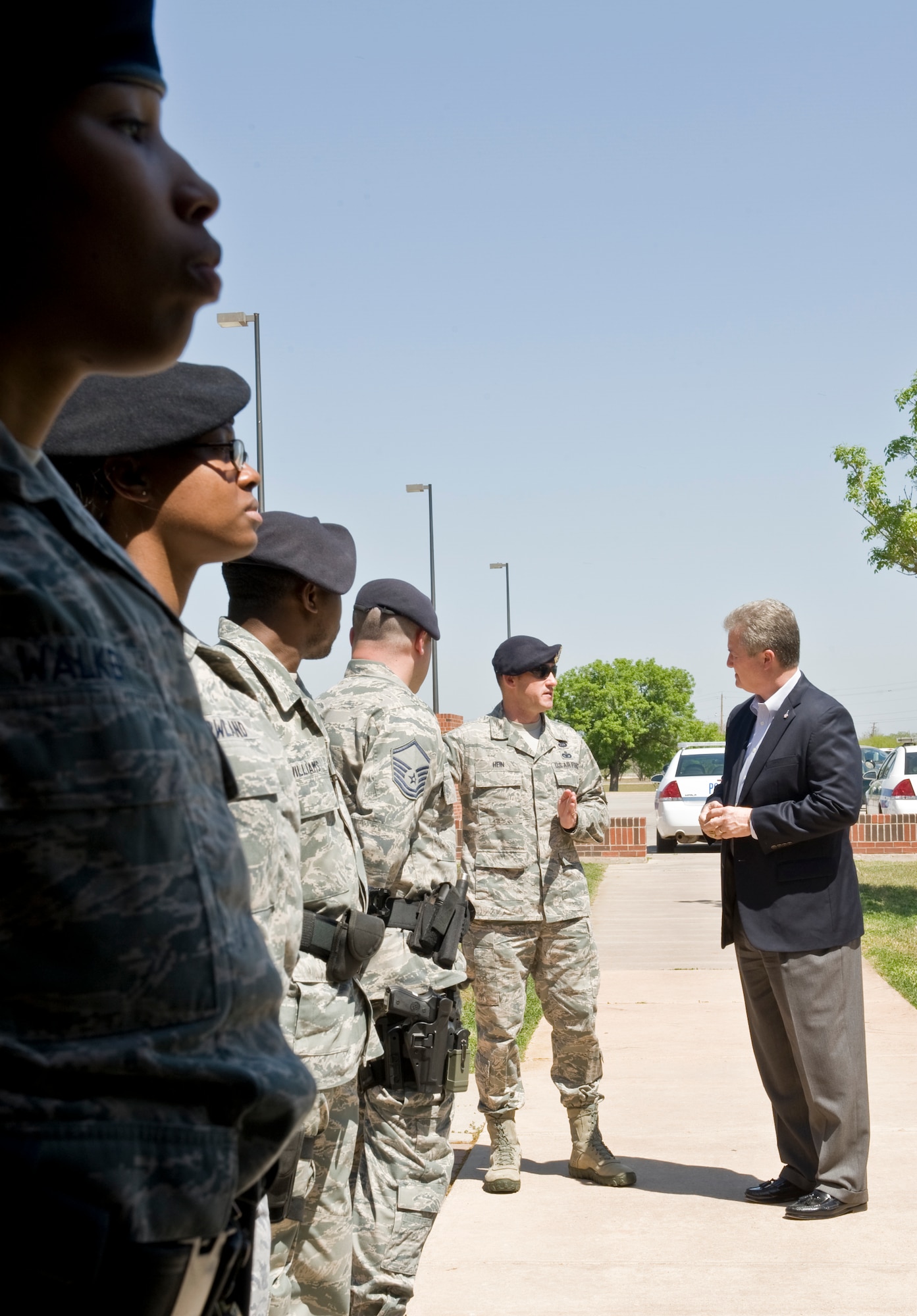 Retired Chief Master Sgt. of the Air Force Gerald R. Murray talks to Airmen from the 7th Security Forces Squadron March 30, 2012, at Dyess Air Force Base, Texas. Murray was invited as a guest speaker for the 7th Maintenance Group Maintenance Professional of the Year Banquet, he also used his time at Dyess to visit various units on the base and meet the Airmen. (U.S. Air Force photo by Airman 1st Class Jonathan Stefanko/ Released)