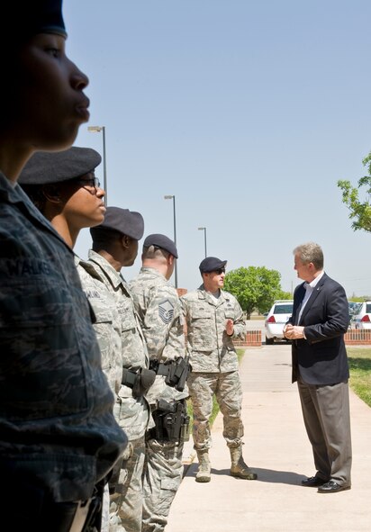 Retired Chief Master Sgt. of the Air Force Gerald R. Murray talks to Airmen from the 7th Security Forces Squadron March 30, 2012, at Dyess Air Force Base, Texas. Murray was invited as a guest speaker for the 7th Maintenance Group Maintenance Professional of the Year Banquet, he also used his time at Dyess to visit various units on the base and meet the Airmen. (U.S. Air Force photo by Airman 1st Class Jonathan Stefanko/ Released)