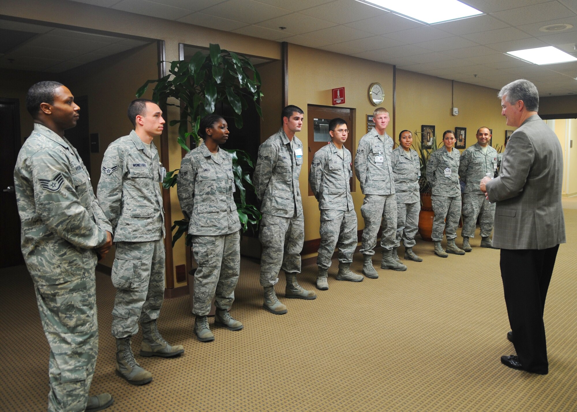 Retired Chief Master Sergeant of the Air Force Gerald Murray speaks with personnel from the 7th Medical Group, March 29, 2012, at Dyess Air Force Base, Texas. Murray was invited as a guest speaker for the 7th Maintenance Group Maintenance Professional of the Year Banquet. He also used his time at Dyess to visit various units on the base and meet the Airmen. (U.S. Air Force photo by Airman 1st Class Cierra Bullock/Released)