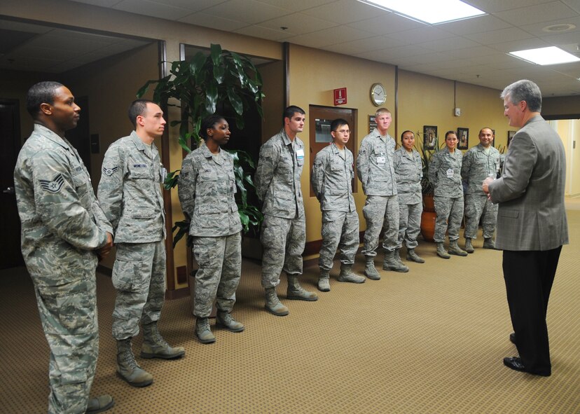 Retired Chief Master Sergeant of the Air Force Gerald Murray speaks with personnel from the 7th Medical Group, March 29, 2012, at Dyess Air Force Base, Texas. Murray was invited as a guest speaker for the 7th Maintenance Group Maintenance Professional of the Year Banquet. He also used his time at Dyess to visit various units on the base and meet the Airmen. (U.S. Air Force photo by Airman 1st Class Cierra Bullock/Released)