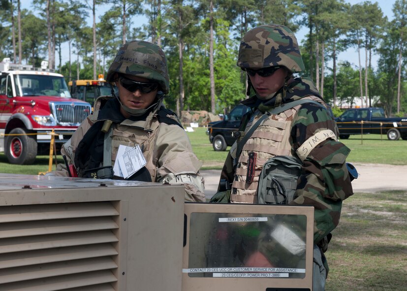 U.S. Air Force Staff Sgt. Emanuel Flores and Airman 1st Class Michael Webber, both from the 23d Civil Engineer Squadron, change the battery out of a generator during a phase II operational readiness inspection at the field training exercise site March 30, 2012, at Moody Air Force Base, Ga. Flores, Webber and their unit were responsible for the upkeep of the FTX site and ensuring ORI players had the proper power and resources necessary to complete their missions. (U.S. Air Force photo by Senior Airman Eileen Meier/Released)