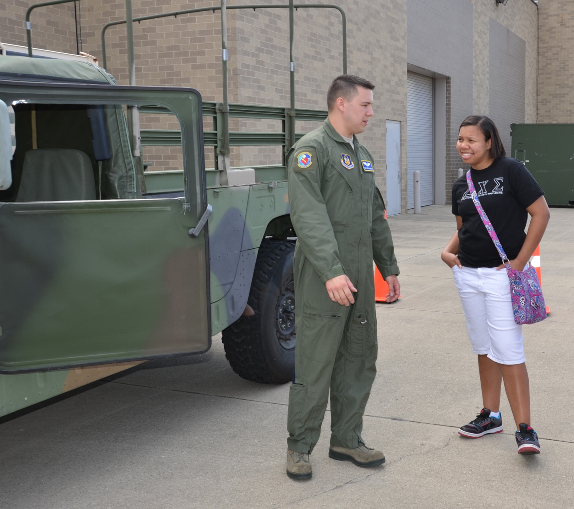 WRIGHT-PATTERSON AIR FORCE BASE, Ohio – Tech. Sgt. Joseph Valenzuela, 445th Aeromedical Evacuation Squadron technician, talks to students from Dayton Christian High School about his role with AES during their visit to the unit March 20. Thirty four students from the school spent the afternoon learning about the 445th AES as part of their visit to the base. (U.S. Air Force photo/Stacy Vaughn)