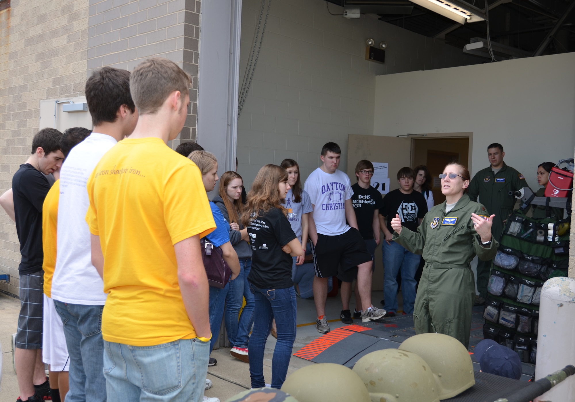 WRIGHT-PATTERSON AIR FORCE BASE, Ohio – Major Sharon Ellis, 445th Aeromedical Evacuation Squadron flight nurse, talks to students from Dayton Christian High School about her role with AES during their visit to the unit March 20. Thirty four students from the school spent the afternoon learning about the 445th AES as part of their visit to the base. (U.S. Air Force photo/Stacy Vaughn)
