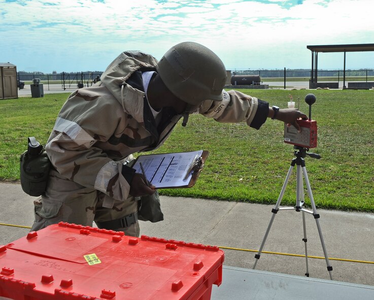 U.S. Air Force 1st Lt. Olujimisola Ojediran, Public Health flight officer, records the reading from a wet bulb globe temperature monitor during a Phase II Operational Readiness Inspection at Moody Air Force Base, Ga., March 30, 2012. A WBGT is a composite temperature used to estimate the effect of temperature, humidity, wind speed and solar radiation on humans. (U.S. Air Force photo by Airman 1st Class Olivia Dominique/Released)