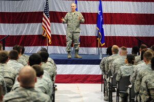 U.S. Air Force Gen. Mike Hostage, commander of Air Combat Command, addresses the men and women of Joint Base Langley-Eustis during a commander’s call at Langley Air Force Base, Va., March 28, 2012.  Hostage addressed several concerns expressed by Airmen in a question-and-answer session and stated his vision for the future of ACC.  (U.S Air Force photo by Airman 1st Class Kayla Newman/Released)