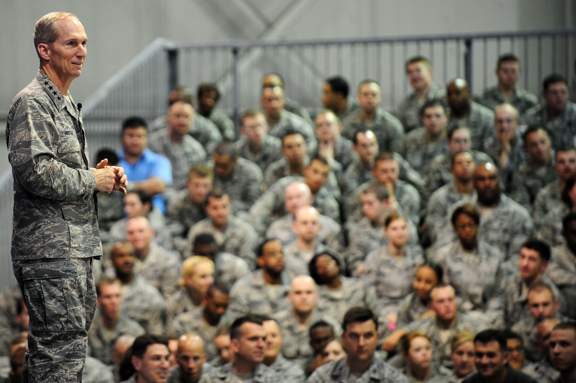 U.S. Air Force Gen. Mike Hostage, commander of Air Combat Command, addresses the men and women of Joint Base Langley-Eustis during a commander’s call  at Langley Air Force Base, Va., March 28, 2012.  Hostage toured JBLE and visited with Airmen, answering questions and speaking on current hot topics happening around ACC.  (U.S Air Force photo by Airman 1st Class Kayla Newman/Released)