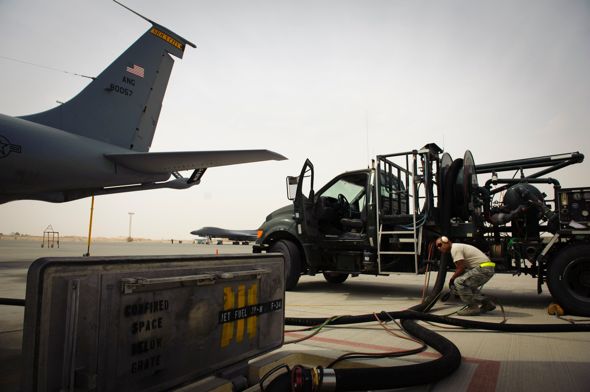 SOUTHWEST ASIA – Staff Sgt. Anthony Ochoa, 379th Expeditionary Logistics Readiness Squadron fuels distribution supervisor, fuels a KC-135 Stratotanker prior to a mission here March 29, 2012. The fuels distribution element pumps an average of 20.9 million gallons of fuel for aircraft every month. (U.S. Air Force photo/Staff Sgt. Nathanael Callon)