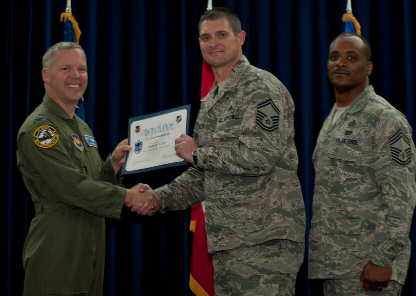 Shawn Luellen, 728th Air Mobility Squadron, is promoted to the rank of senior master sergeant March 30, 2012, at the Club Complex ballroom at Incirlik Air Base, Turkey. (U.S. Air Force photo by Senior Airman Anthony Sanchelli/Released)